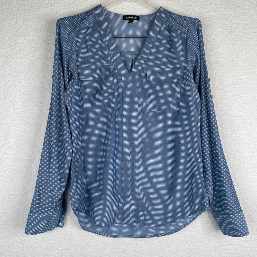Express‎ Womens Blue Polka Dot Portofino V-Neck Roll Tab Sleeve Blouse XS
